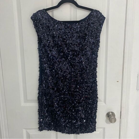 Alice + Olivia Navy Blue Sequin High Neck Mini Dress Womens Size XS - Picture 3 of 7